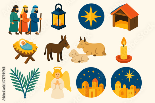 Modern Pilgrimage Icons. Holy Pilgrimage Scene modern flat icon set: travelers, lantern, star, stable, baby cradle, animals, candlelight, palm branches, angel, night sky, Bethlehem