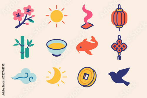 Lunar Icons Display. Lunar New Year Rebirth modern flat icon set: cherry blossoms, golden sun, incense smoke, red lantern, bamboo sprig, tea bowl, koi swimming, lucky knot, cloud