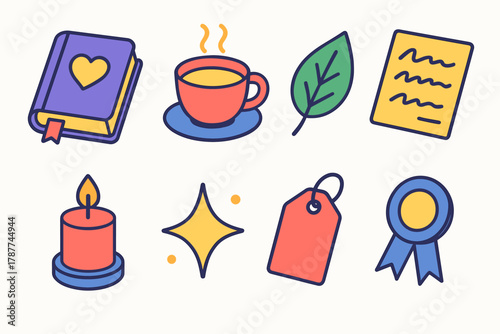 Grateful Isometric Icons. Grateful Reflections modern flat icon set: journal, cup of tea, leaf, handwritten note, candlelight, sparkle, tag, ribbon.
