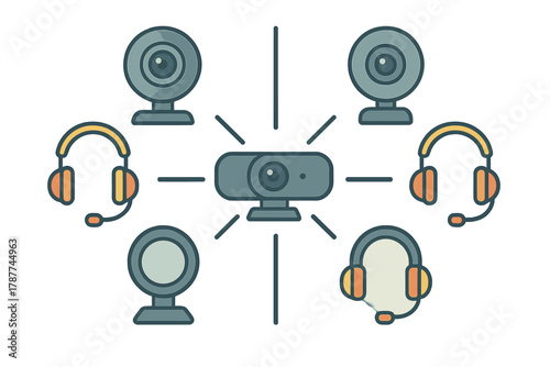 Webcam and headset icons linked in digital communication network diagram