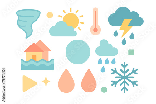 Colorful icons depicting weather conditions and natural disasters for climate analysis