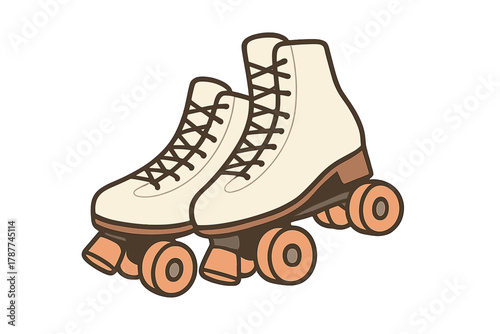 Pair of retro quad roller skates with cream boots and orange wheels