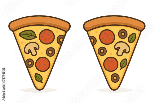 Two slices of pepperoni pizza with mushroom and basil toppings