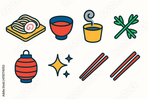 Toshikoshi Meal Icons. Toshikoshi Meal modern flat icon set: soba noodles, bowl, cup, steam swirl, garnish, lantern light, sparkle, chopsticks.
