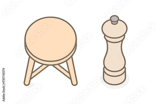 Isometric wooden stool and pepper mill set on clean white background