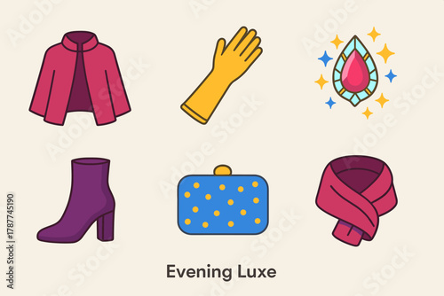 Chic Evening Icons. Evening Luxe modern flat icon set: tailored cape, satin glove, sparkling brooch, heeled boot, sequin clutch, velvet wrap.