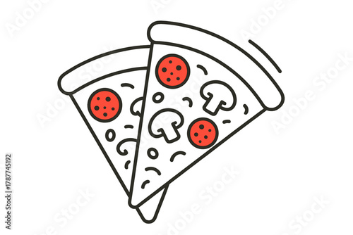 Two overlapping pizza slices with pepperoni and mushroom toppings