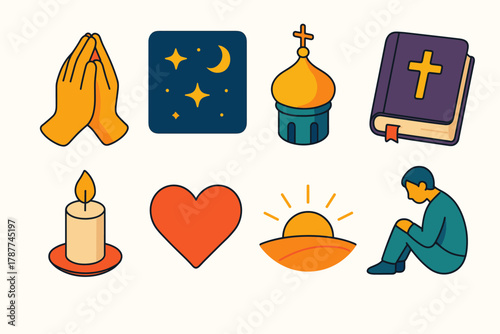 Faith & Gratitude Icons. Orthodox New Year Faith & Gratitude modern flat icon set: folded hands, starry sky, church dome, holy book, warm candlelight, heart symbol, sunrise horizon