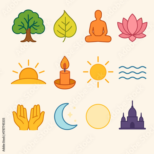Bodhi Day Icons. Bodhi Day Bodhi Tree Symbol modern flat icon set: Bodhi tree, leaf outline, meditation figure, lotus flower, sunrise, candle flame, golden light, calm waves, open
