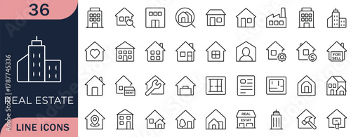 Real estate line icon set. Showing house, building, apartment, sale, rent, and property concepts. Perfect for housing, construction, and architecture projects.