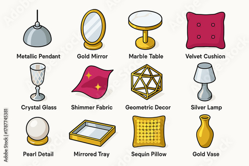 Modern Glam Icons. Modern Glam Style modern flat icon set: metallic pendant, gold mirror, marble table, velvet cushion, crystal glass, shimmer fabric, geometric decor, silver lamp,