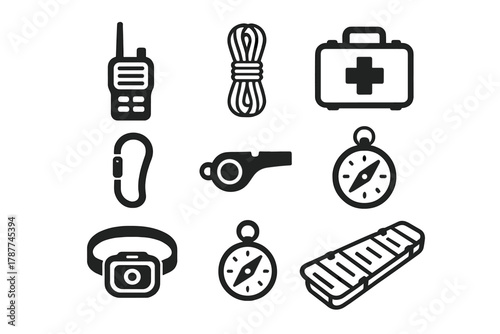 Black and white icons of outdoor adventure and survival gear for hiking and camping