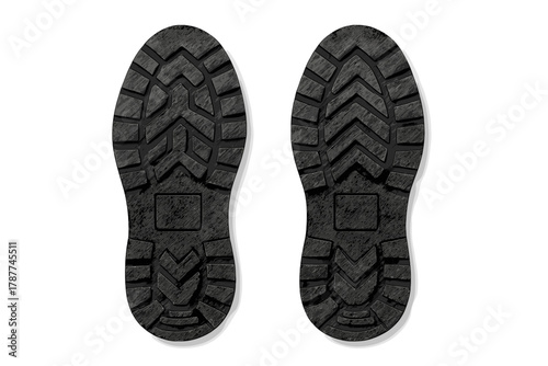 Black heavy duty boot soles tread pattern isolated on white background