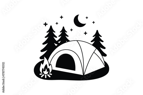 Camping night scene with tent, campfire, trees, moon, and stars