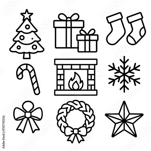 Christmas Icons Extravaganza. Christmas Magic outline icon set: decorated tree, wrapped gifts, stockings, fireplace, candy cane, snowflake, wreath, star topper.