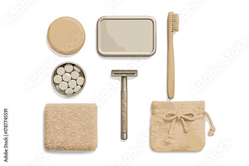 Zero waste personal care kit with natural bathroom accessories overhead