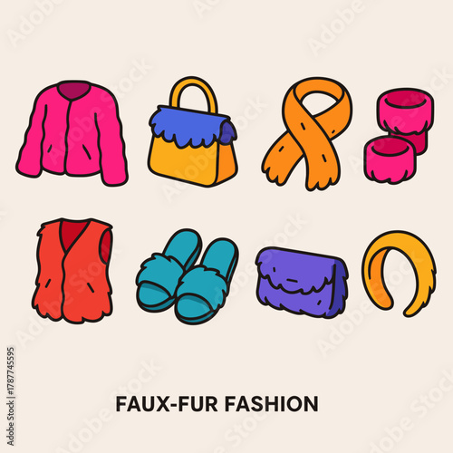 Faux Fur Icons. Faux Fur Fashion modern flat icon set: faux fur jacket, handbag with fur trim, fur scarf, fur cuffs, fur vest, fur slippers, fur clutch, fur headband.