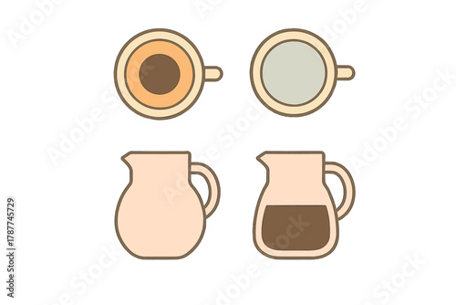Top view coffee and creamer set icons with textured fill