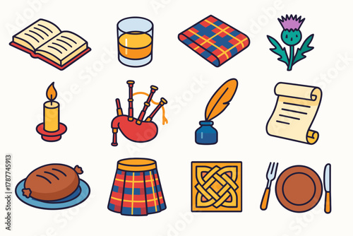 Burns Night Icons. Burns Night Poetry Feast modern flat icon set: open book of verses, whisky glass, tartan fabric, thistle bloom, candlelight, bagpipes, poet’s quill, parchment