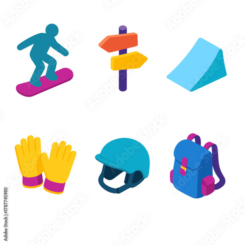 Alpine Adventure Icons. Alpine Adventure modern flat icon set: snowboarder silhouette, trail sign, snow ramp, gloves, helmet, backpack.