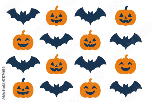 Seamless pattern orange jack o lanterns and dark blue bats