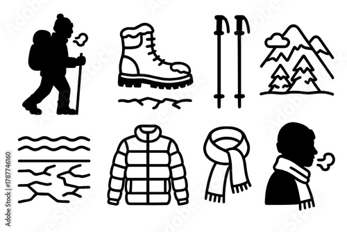 Winter Hiking Silhouettes. Winter Expedition outline icon set: hiker silhouette, snow-covered boots, poles in hand, mountain background, frozen ground, cozy layers, scarf, breath