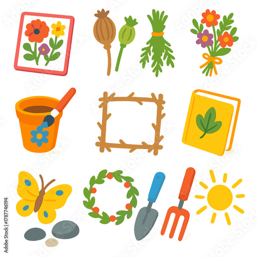 Isometric Garden Art Icons. Garden Art modern flat icon set: pressed flowers, seed pods, dried herbs, handmade bouquet, clay pot painting, twig frame, floral wreath, nature journal