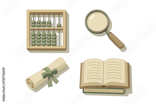 Collection of antique education and calculation tool icons