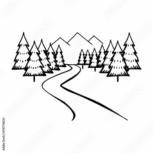 Illustration of a winding road through a forest with mountains in the background in black and white style created with generative ai
