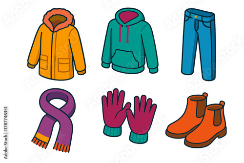 Winter Fashion Icons. Chilly Day Outfit modern flat icon set: parka, hoodie, jeans, scarf, gloves, ankle boots.