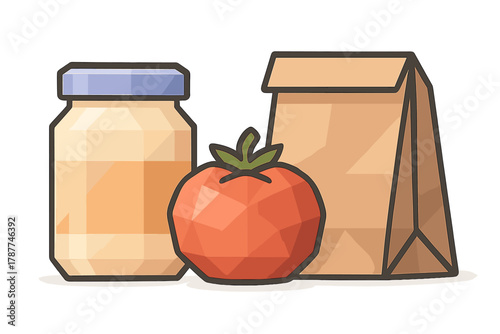 Packed lunch items with jar and paper bag for midday meal