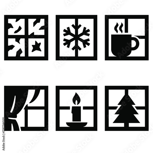Winter Icon Set. Winter Window Views bold vector icon set: frosted glass, snowflake, mug on sill, candle, curtain, pine tree.