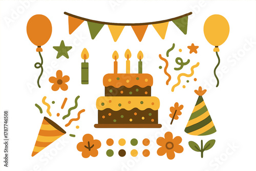 Set of autumnal birthday party elements including cake and festive balloons