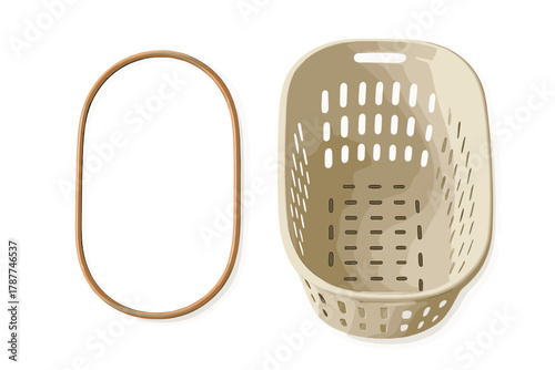 Beige plastic laundry hamper with wooden handle accessory on white background