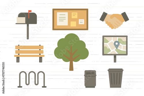 Set of flat design icons for outdoor public space and community amenities