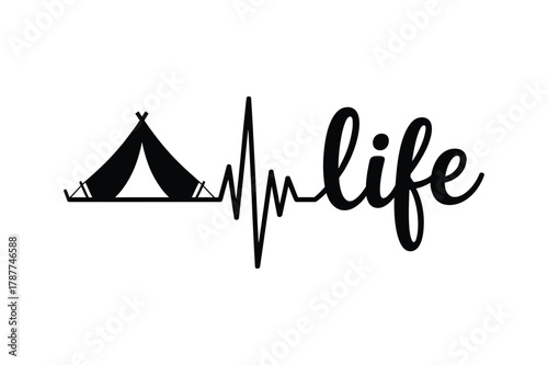 Camping tent heartbeat line and word life, nature adventure design