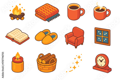 Cozy Winter Icons. Cozy Fireplace Moments modern flat icon set: glowing embers, knitted blanket, cup of tea, book, slippers, armchair, candle jar, wood basket, snow outside window,