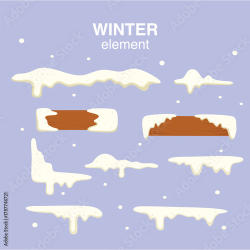 Cartoon winter snow elements collection with various shapes of snow caps, drifts, and icicles on a light purple background.