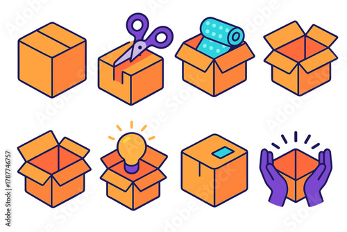 Unboxing Icons Set. Everyday Unboxing modern flat icon set: cardboard box, scissors cutting tape, bubble wrap, open flap, item reveal, label sticker, delivery tag, excited hands.