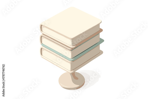 Three stylized books stacked on a pedestal in isometric perspective