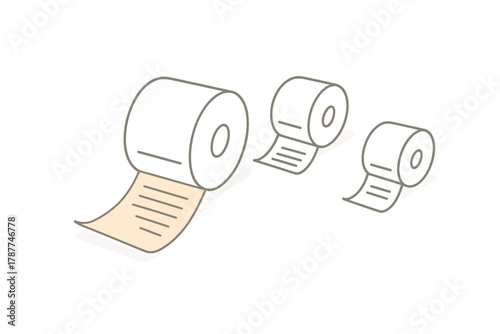 Three rolls of toilet paper with unrolled paper showing lines