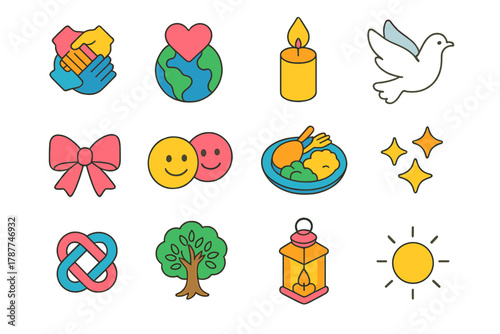 Togetherness Celebration Icons. Togetherness Celebration modern flat icon set: circle of hands, globe heart, candle glow, dove, ribbon bow, smiling faces, shared meal, stars, unity