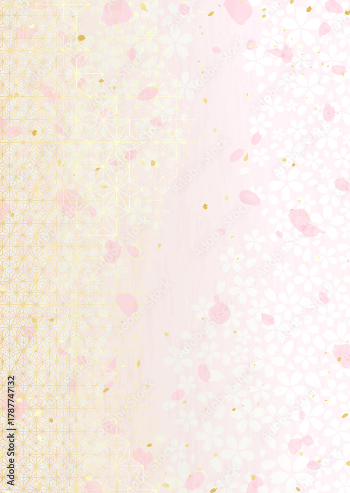 Fototapeta premium 麻の葉模様と桜の花柄を組み合わせた和風背景イラスト