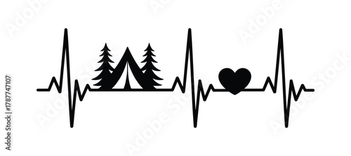 Heartbeat line with camping tent, pine trees, and a heart symbol