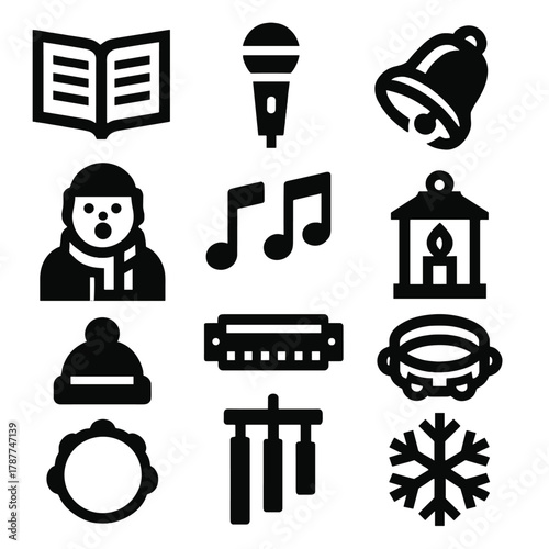 Brutalist Music Icons. Caroling Music Icons bold vector icon set: songbook, microphone, sleigh bell, hand drum, scarfed singer, note symbols, harmonica, candle lantern, hat,