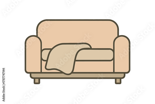 Beige armchair with draped throw blanket simple icon