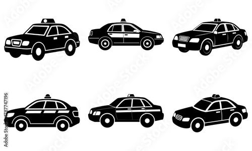 Taxi cabs vector icons set offers versatile transport solutions for city travel, ride hailing apps, and urban adventures, perfect for commercial use