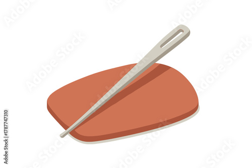 Metal sewing needle piercing a slice of processed meat product