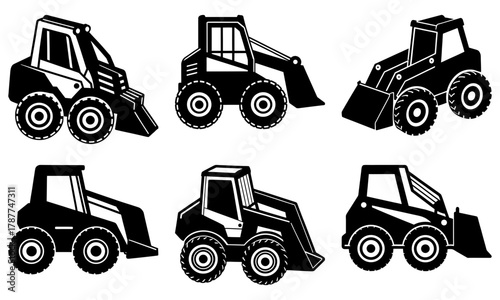 Construction icons featuring bold skid steer loaders for building projects, a fleet of vector equipment ready for your designs, perfect for engineering projects