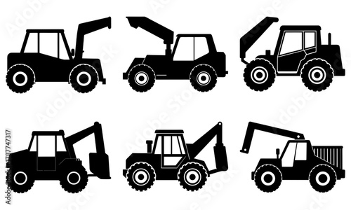 Construction equipment vector set for builders, engineers, and contractors requiring heavy machinery for industrial projects, ready to dig and load